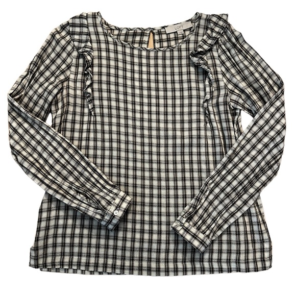 LOFT cotton plaid ruffle blouse, size S - Picture 1 of 7